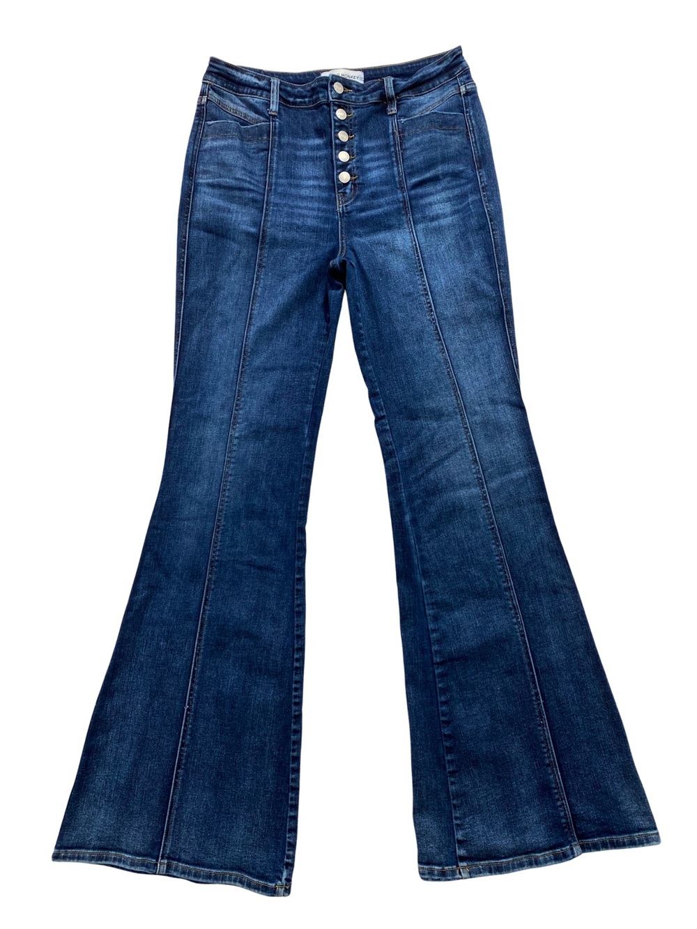 Flying Monkey High Rise Super Flare Jeans Size 32 Button Fly Dark Wash